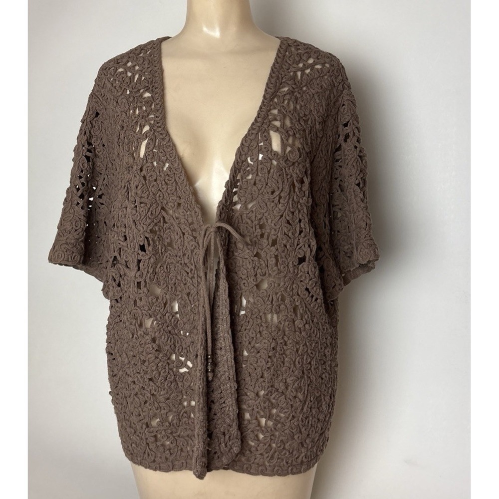 Alfred Dunner Womens 2X Brown Cotton Crochet Open-Knit V-Neck tie Front Cardigan
